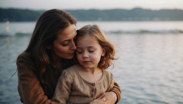 Photo a mother and daughter are hugging each other by the water