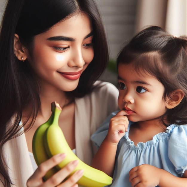 A mother and daughter are looking at each other and the child is holding a banana