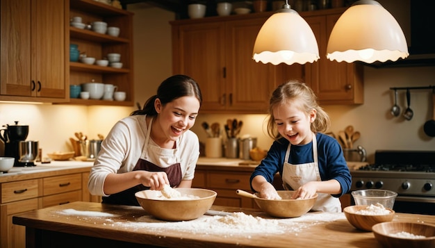 a mother and daughter are making dough in a kitchen