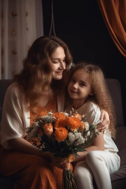 A mother and daughter are sitting on a sofa and hugging each other.