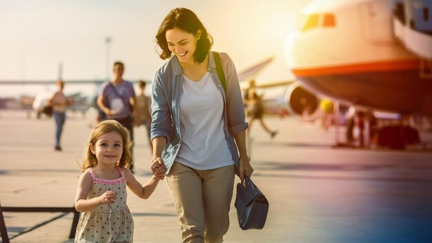 a mother and daughter are walking towards an airplane with the sun behind them