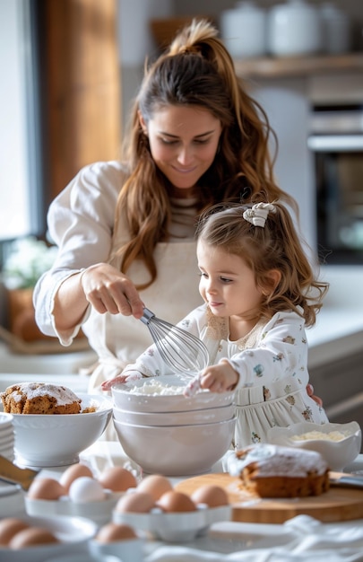 A mother and daughter bake together mixing ingredients in a bowl with an electric mixer on the table