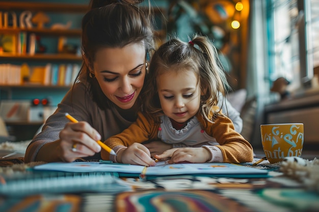 Mother and Daughter Bonding Joyful Learning and Homework Time