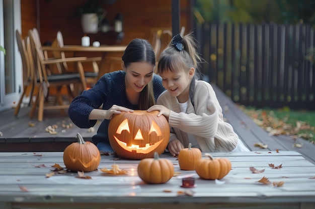 Mother and daughter carving pumpkin on wooden table with autumn leaves and small pumpkins