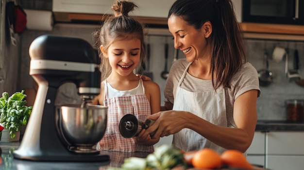 Photo a mother and daughter cooking together in the kitchen