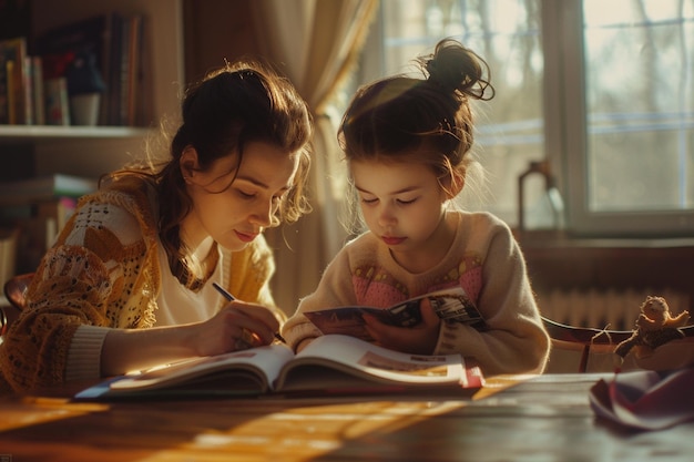 Mother and daughter creating a scrapbook of cheris