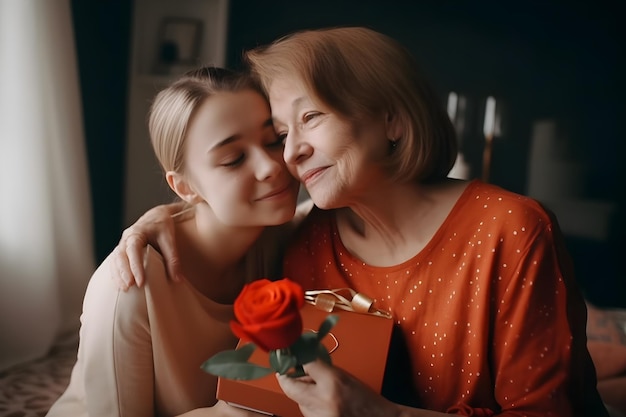 Mother and daughter cuddle hug