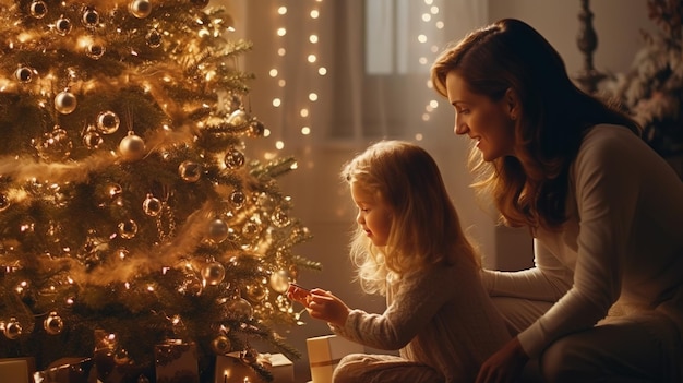 Mother and daughter decorating christmas tree in paramas at home