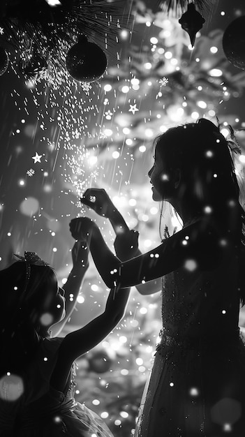 Photo mother and daughter decorating a christmas tree together