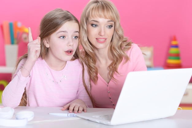 Mother and daughter doing lessons at the table