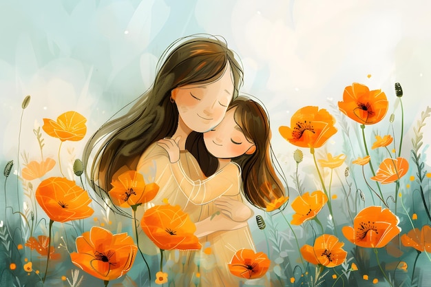 Mother and Daughter Embrace in a Field of Flowers