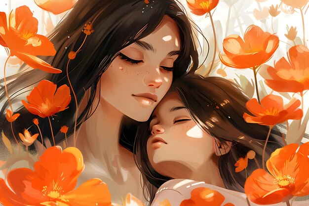 Mother and Daughter Embrace in Poppy Field