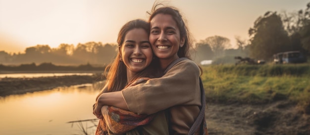 Photo mother and daughter embrace at sunset