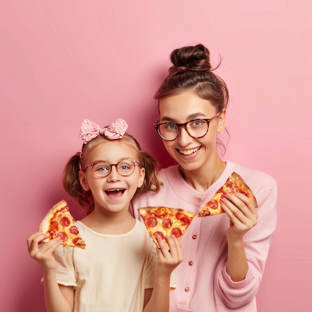 Photo a mother and daughter enjoy slices of pizza together against a vibrant pink backdrop