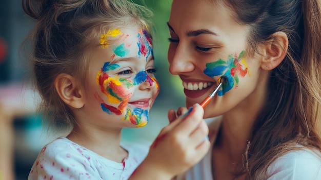 Photo a mother and daughter enjoying a fun painting session smiles on their faces covered in vibrant color