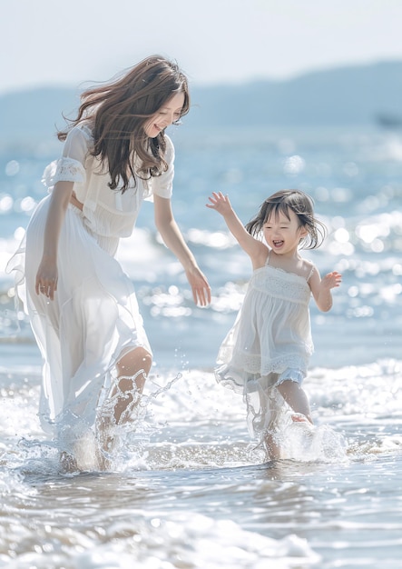 Mother and Daughter Enjoying a Happy Day at the Beach Together in Summer