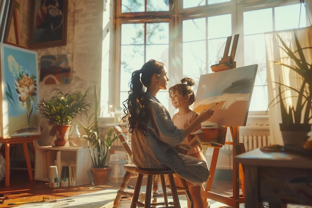 Mother and daughter enjoying a painting session at