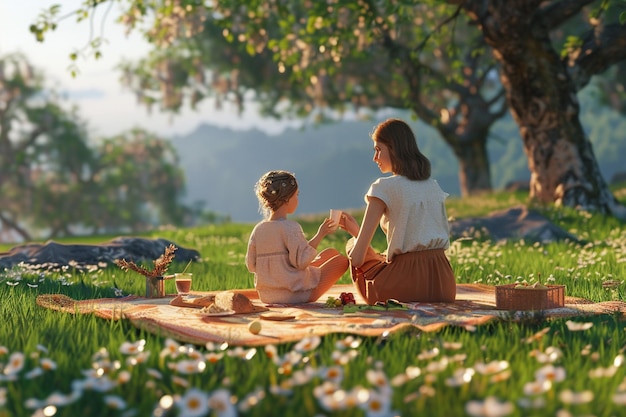 Mother and daughter enjoying a picnic in the park