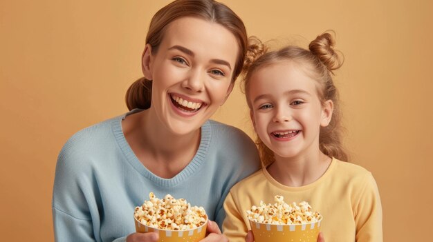 Photo mother and daughter enjoying popcorn