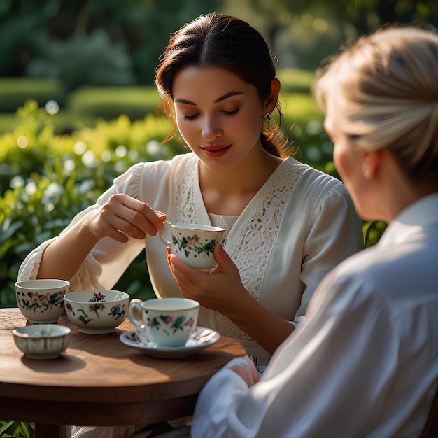 Photo mother and daughter enjoying tea in the garden