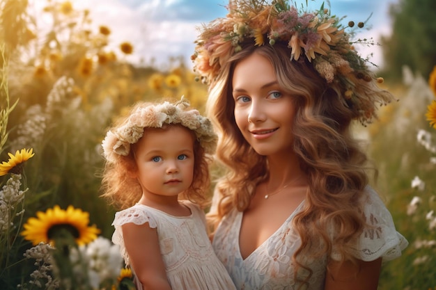 A mother and daughter in a field of sunflowers