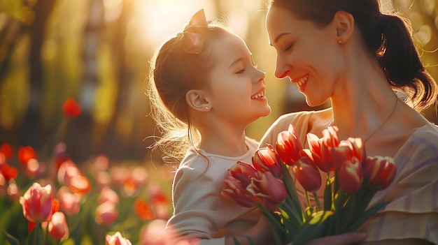 mother and daughter in a field of tulips