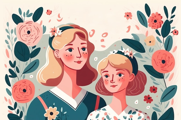 Mother and daughter on a floral background illustration for mother's day Generative ai