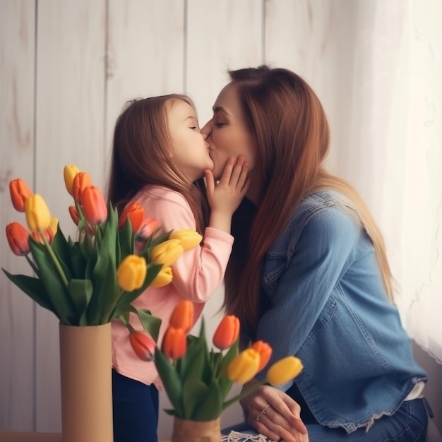 A mother and daughter hold tulips flowers