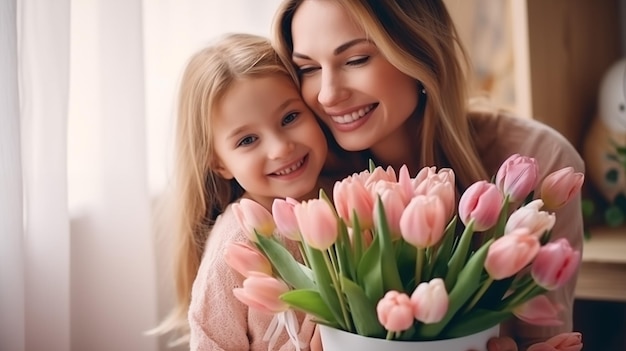 a mother and daughter holding flowers