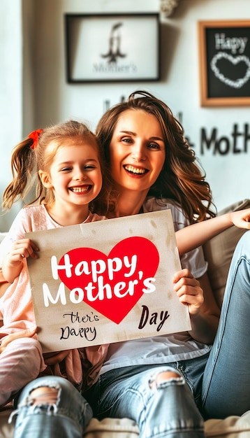 Mother and Daughter Holding Happy Mother39s Day Sign