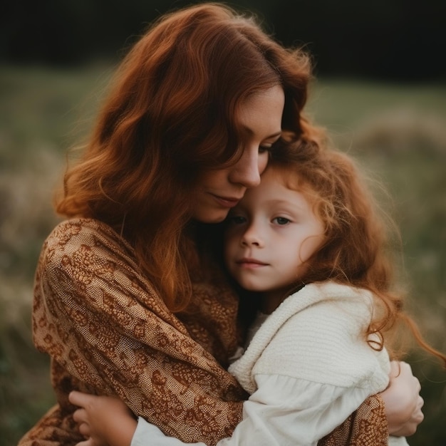 A mother and daughter hug in a field