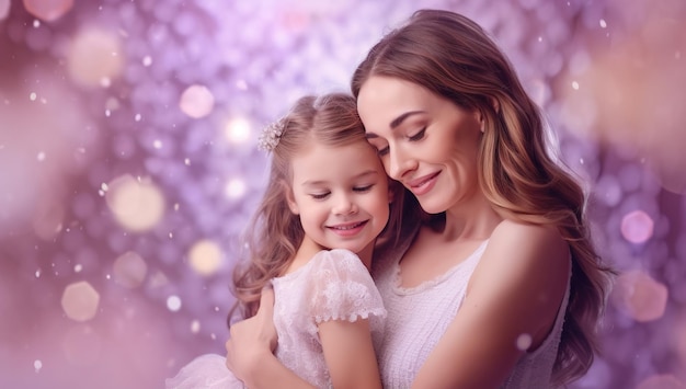 A mother and daughter hug and smile.