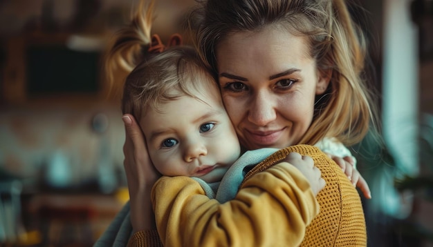 Photo mother and daughter hugging closely