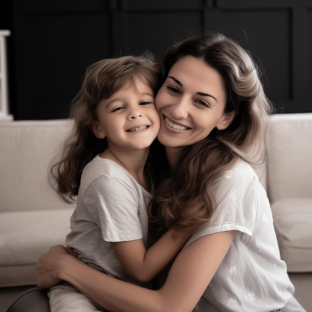 A mother and daughter hugging on a couch