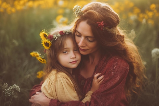 Mother and daughter hugging in a field of sunflowers