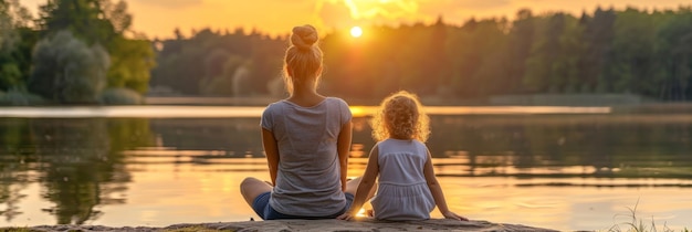 Mother and daughter at lake minimalist scene of sunset watching on rock with soft glow