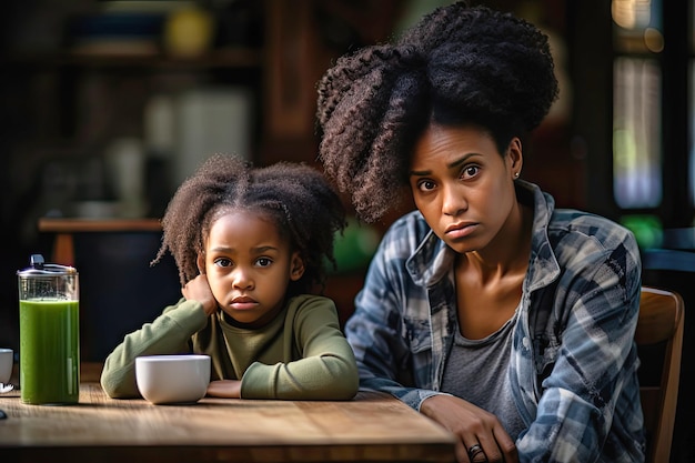 Mother daughter and laptop in kitchen at home