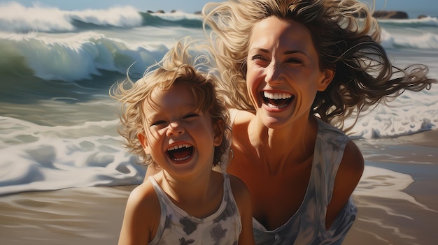 mother and daughter laughing by the sea