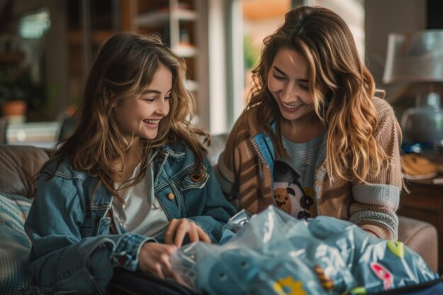 Photo mother and daughter looking at crumpled gift box in living room