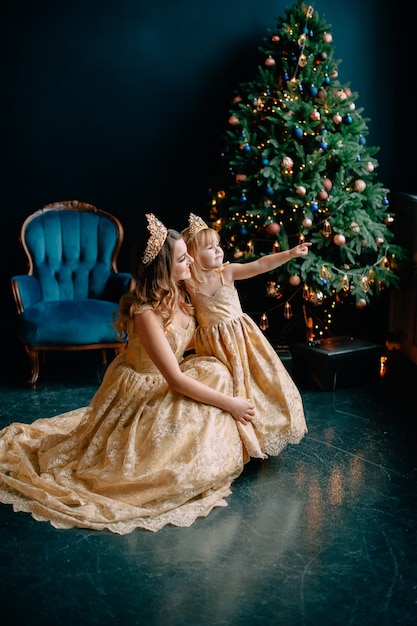 Mother and daughter in luxurious dresses near Christmas tree, studio