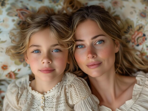 Photo mother and daughter lying together on a bed with floral pattern