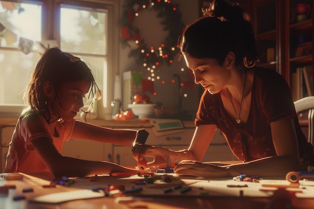 Mother and daughter making crafts together at home