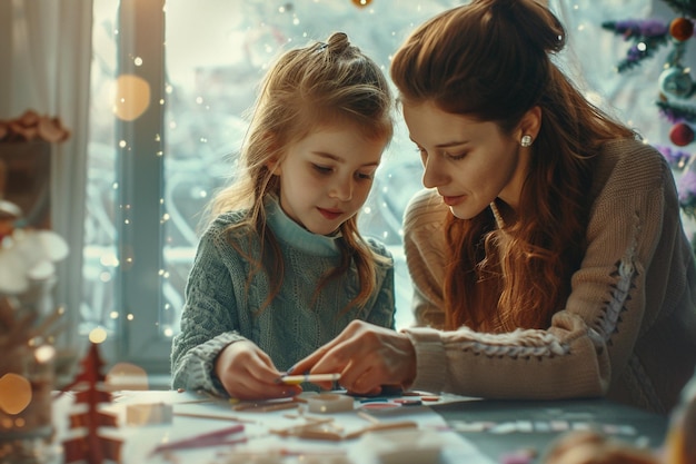 Mother and daughter making crafts together at home