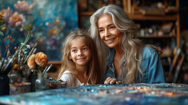 mother and daughter painting together in a home studio