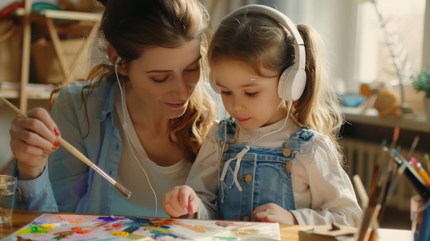 Photo mother and daughter painting together