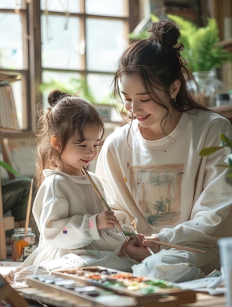 Photo a mother and daughter painting with a brush