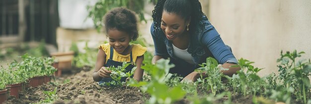 Mother and daughter planting seeds in the garden