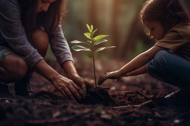 A mother and daughter planting a tree in the forest