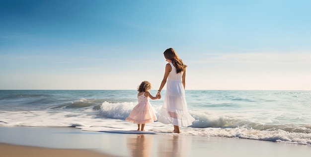 Mother and daughter playing on the beach