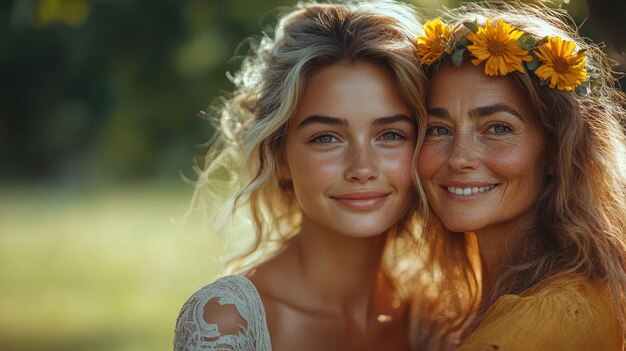 Photo mother and daughter portrait in a meadow